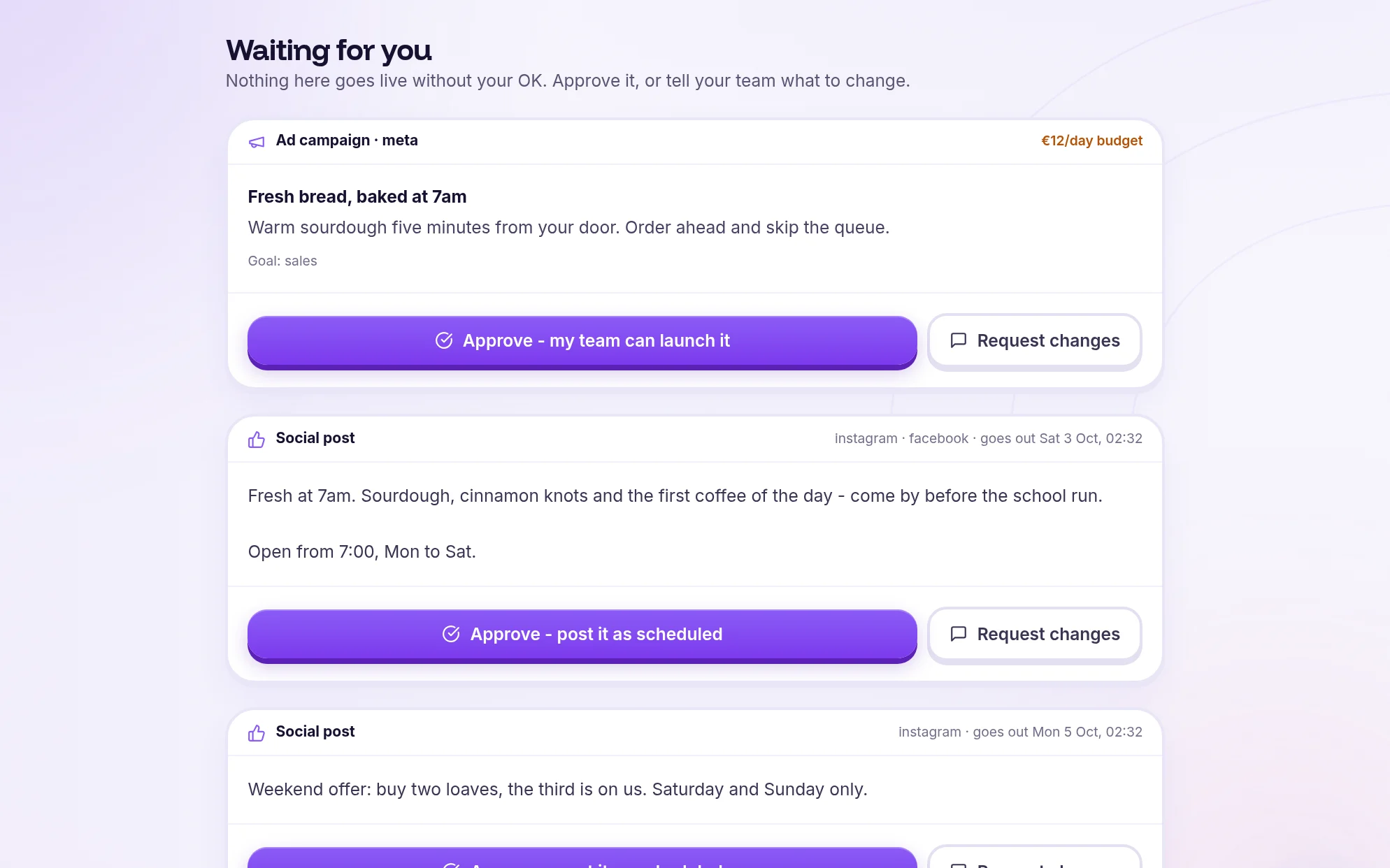 The client approval screen in Magneety: an ad and two posts, each with an Approve button and a Request changes button.