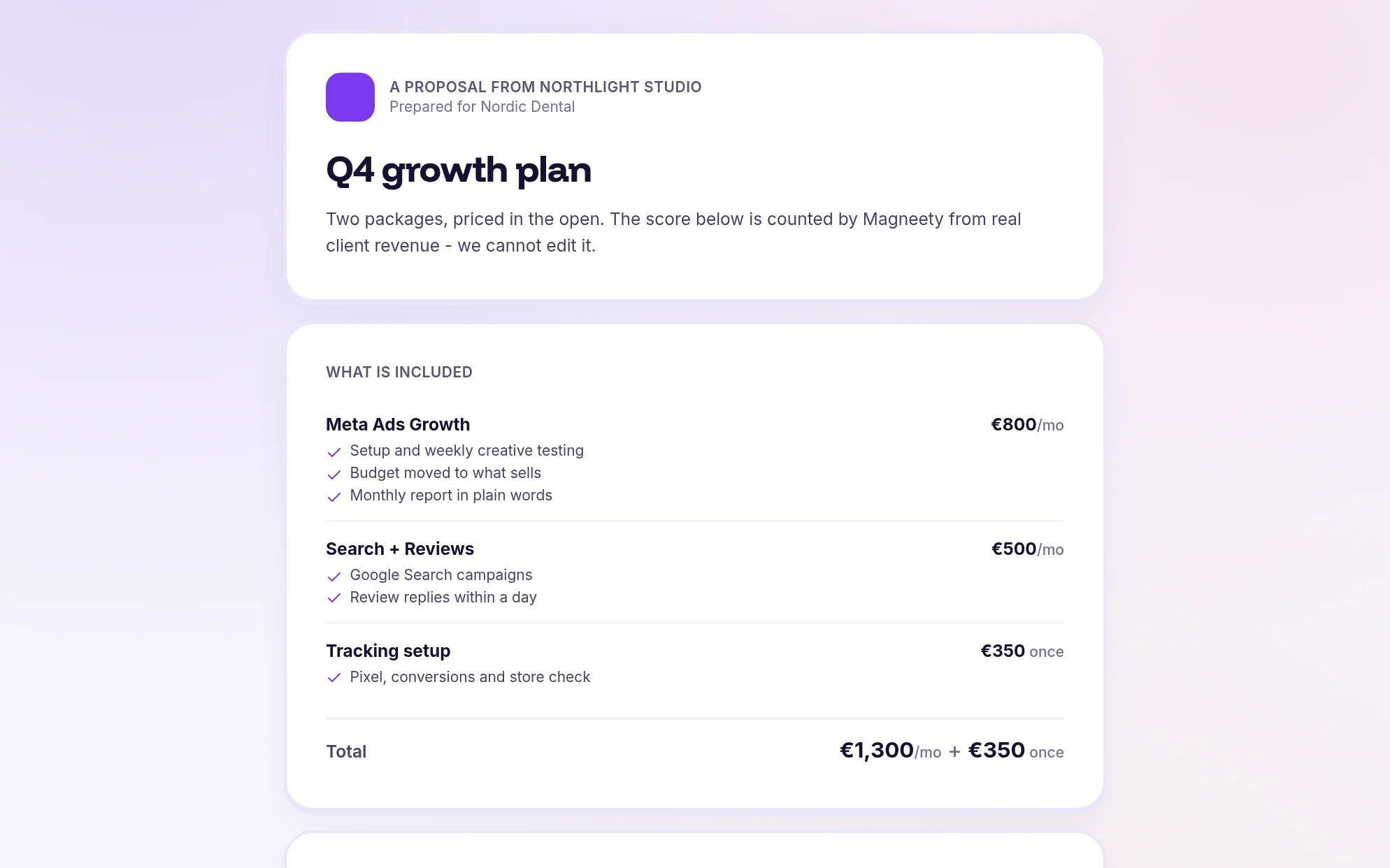A Magneety proposal page: three priced packages with what is included, a total, and the agency track record measured by Magneety.