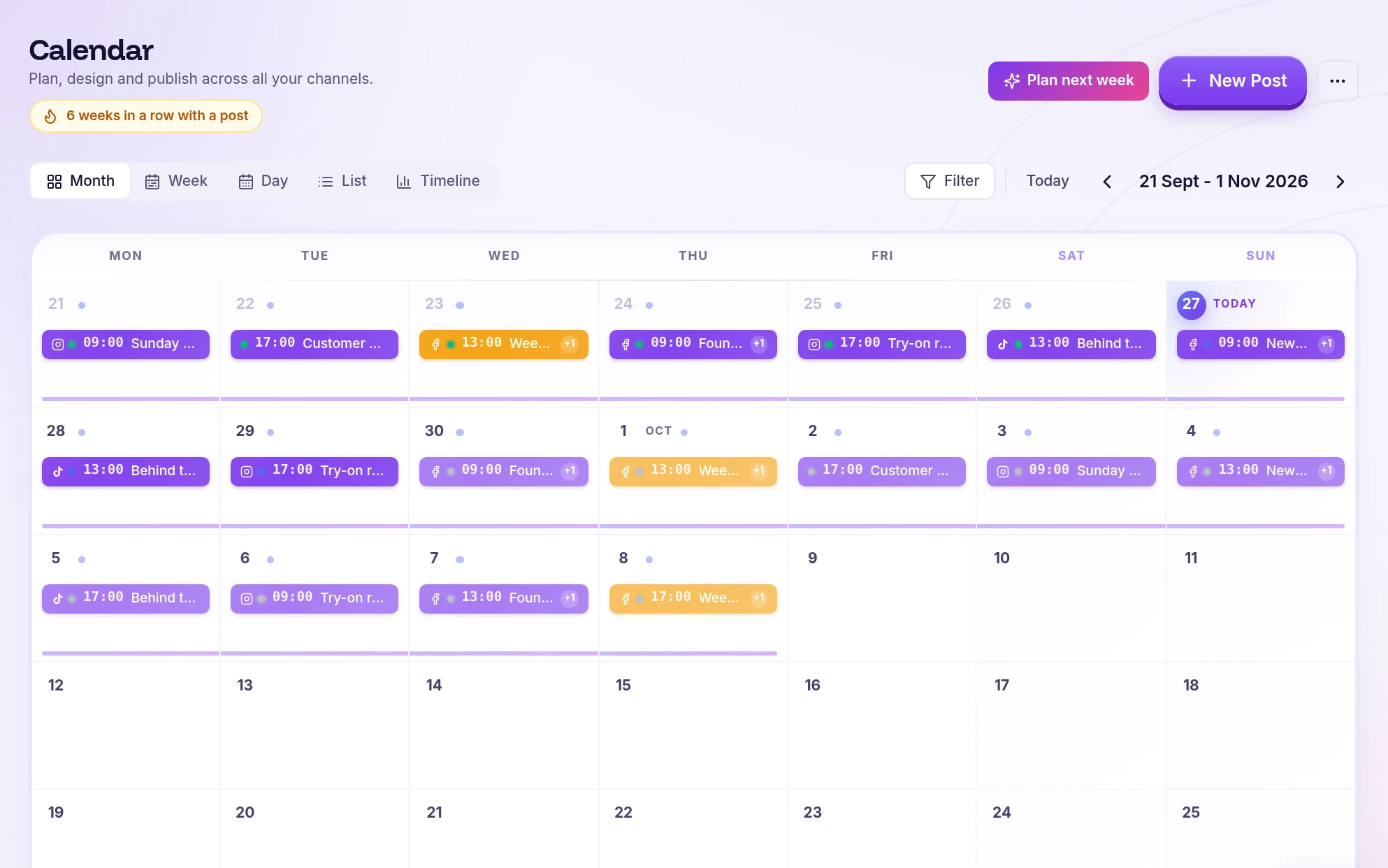 The Magneety calendar with a month of drafted posts across Instagram, Facebook, TikTok and LinkedIn.